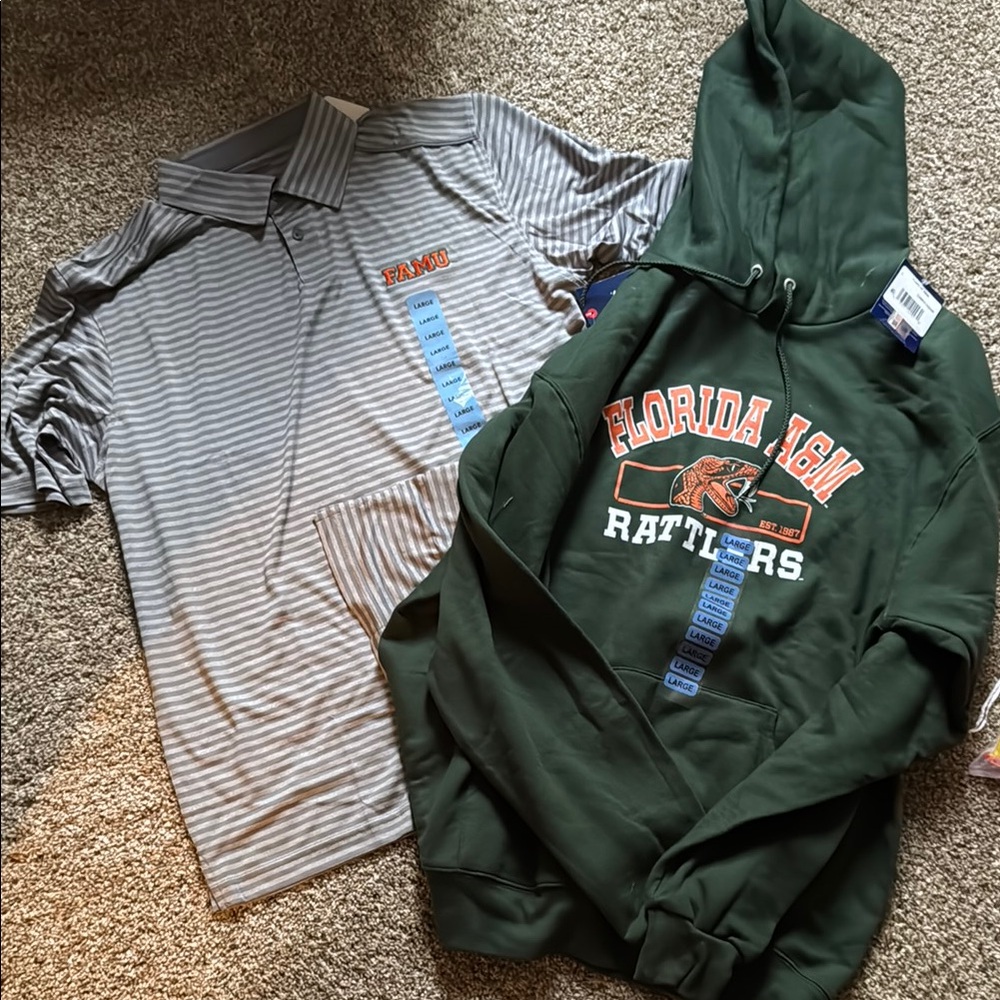 Bundle NWTFlorida A&M Rattlers Striped Polo and Hoodie Set - Green and Gray